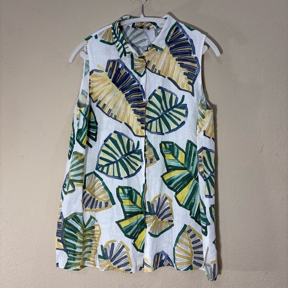 Lafayette 148 New York Tops - Lafayette 148 New York Green Leaf Blouse Sz L 100% Linen Button Down Top Coastal